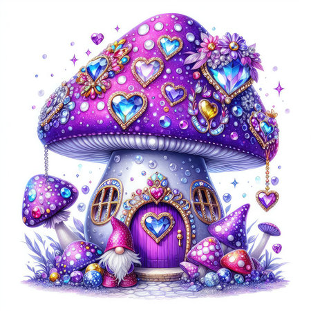 Magic mushroom house with purple heart and magic potion, fairy tale illustration.の素材