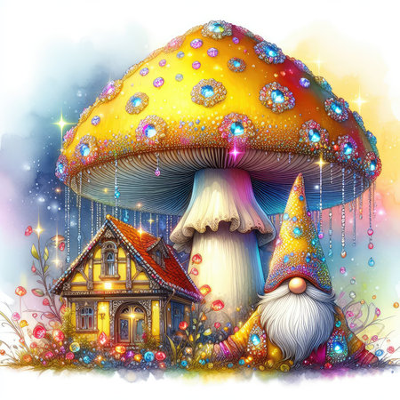 Magic fairy tale with mushrooms and house. Fairy tale illustration for children.の素材