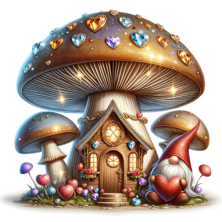Fantasy magic mushroom house with red heart on white background. Vector illustration.の素材