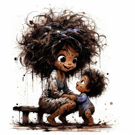 Hand drawn illustration of a little girl sitting on a bench with her dollの素材