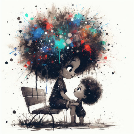 Beautiful little girl and her mother in the park. Digital paintingの素材