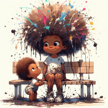 Cute little African American girl sitting on a bench with her mother.の素材