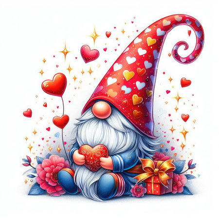 Greeting card with gnome and hearts. Vector illustration.の素材