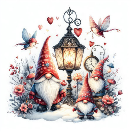 Christmas greeting card with gnomes, lantern and birds. Hand drawn watercolor illustrationの素材
