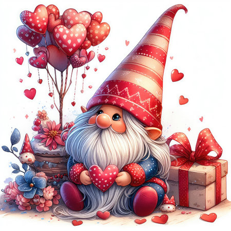 Cute gnome with hearts and gifts. Valentine's day illustration.の素材