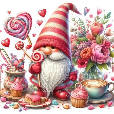Cute cartoon gnome with lollipop, cup of coffee, sweets and flowers. Vector illustration.の素材