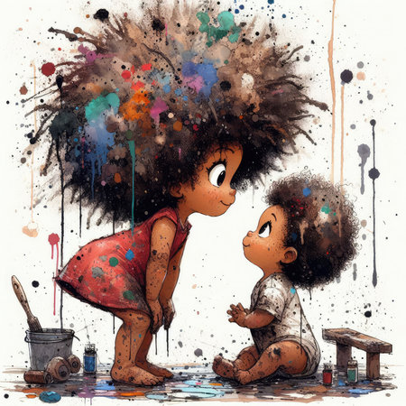 African American little boy and girl playing with watercolor paint on white backgroundの素材
