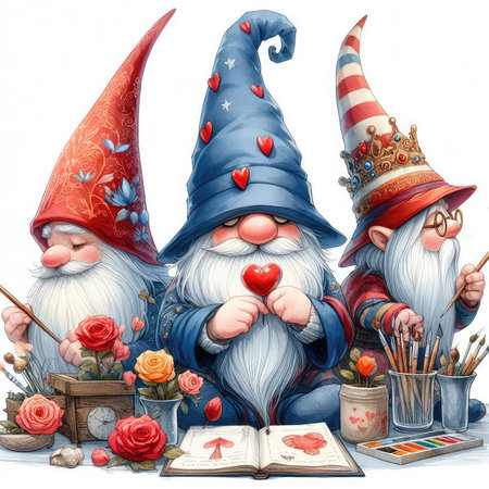 Garden gnomes with a book, pencils and paints.の素材