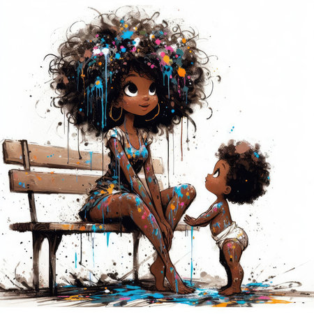 African American mother with her little daughter in the park. Digital painting.の素材