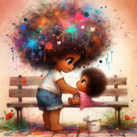 Little girl with her mother in the park. Colorful painting.の素材