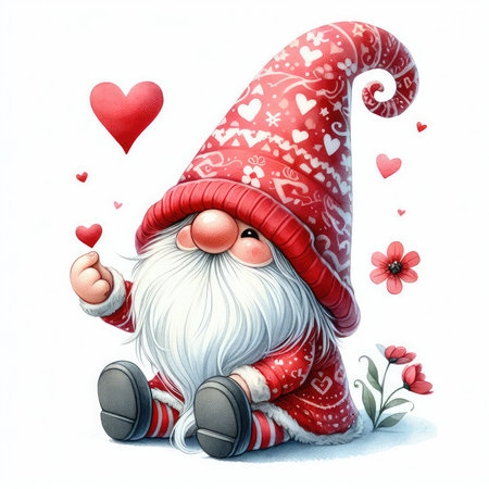 Cute cartoon santa claus with red heart and flowers.の素材