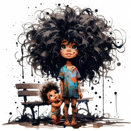 Cute little girl with big black hair in the park. Hand drawn illustration.の素材