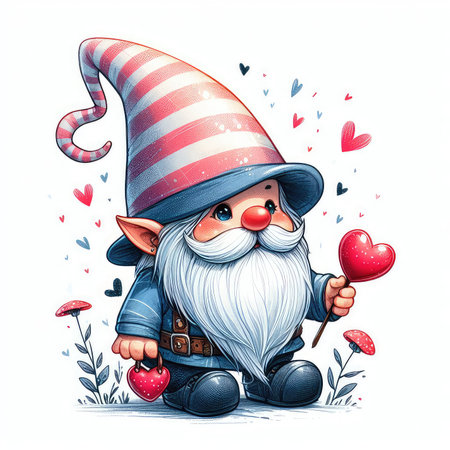 Garden gnome with red hearts. Hand drawn vector illustration.の素材
