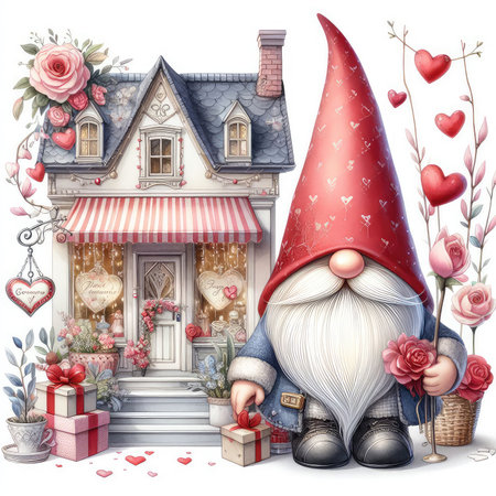 Garden gnome in front of a house with flowers and giftsの素材
