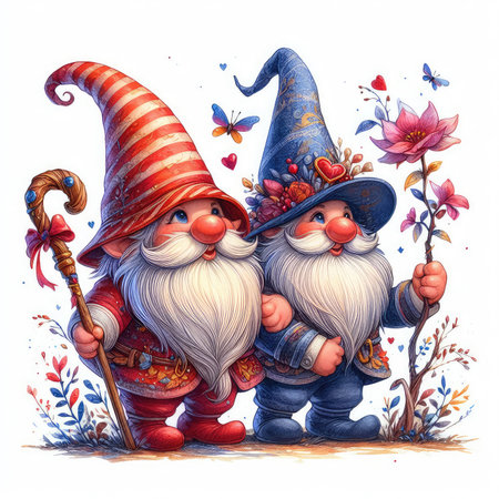 Greeting card with two gnomes in hats and scarfsの素材