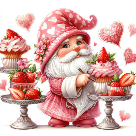 Funny cartoon gnome with cupcakes and strawberries. Vector illustration.の素材