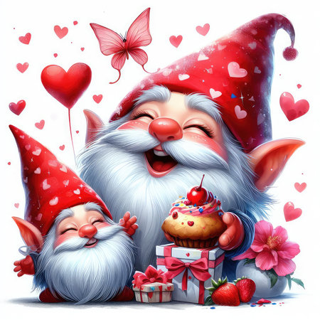 Cute cartoon Santa Claus with a cupcake, hearts and flowers.の素材