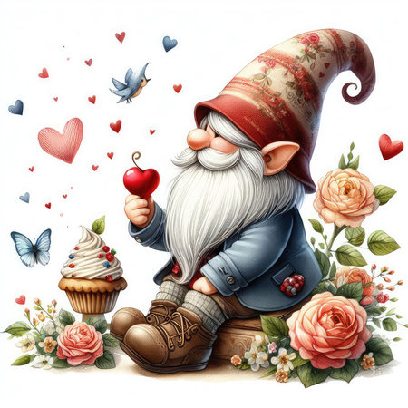 Garden gnome with cupcake and heart, valentines day illustrationの素材