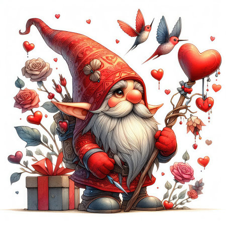 Greeting card with the image of a gnome with a gift in his hands.の素材
