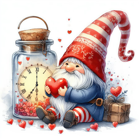 Cute gnome with a heart and a jar of hearts.の素材