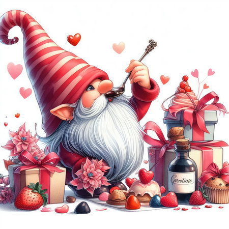 Santa Claus with a magic wand in his hand and a bottle of red wine, cookies, candies and flowers.の素材