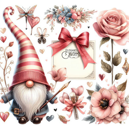 Greeting card with a gnome, flowers, hearts, bows and ribbons. Vector illustration.の素材