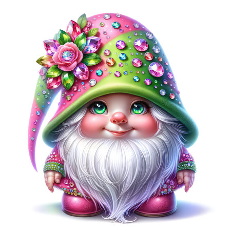 Cute cartoon dwarf with pink hair and green eyes. Christmas character.の素材