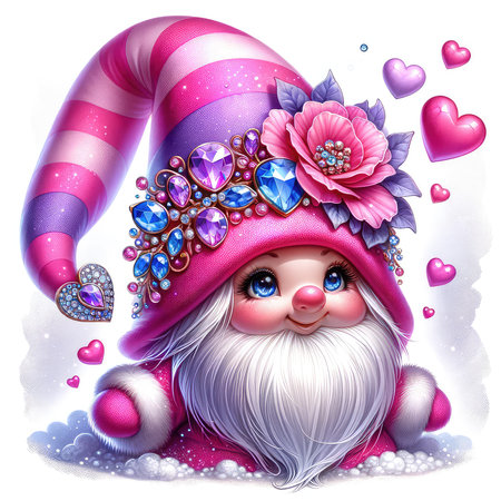 Illustration of a cute cartoon Santa Claus with flowers and hearts.の素材