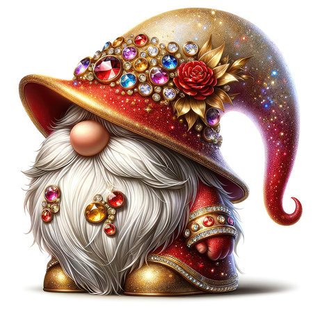 Fairytale santa claus with golden horn and red rose. Cartoon character.の素材