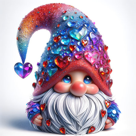 Cute Christmas gnome with hearts on white background. 3D rendering.の素材
