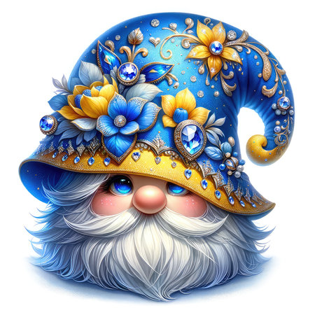 Funny cartoon santa claus with blue eyes and a gold crown with feathers.の素材