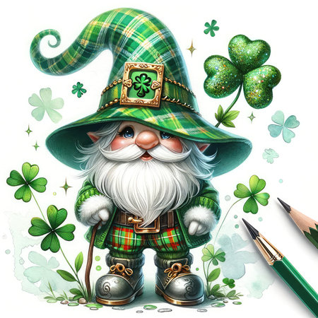 Leprechaun with three-leaf clover and pencilの素材