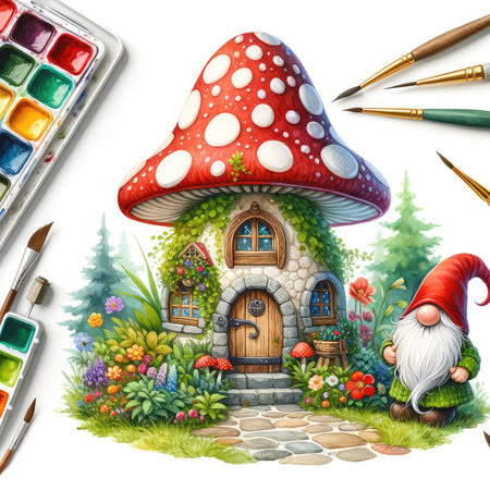 Watercolor illustration of a fairy tale house with a red mushroom and a gnome. Isolated on white background.の素材