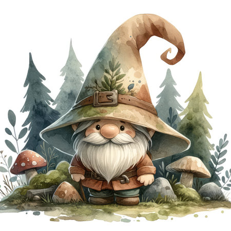 Watercolor gnome in the forest. Hand drawn illustration on white backgroundの素材