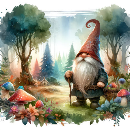 Fantasy landscape with a gnome in the forest. Illustrationの素材