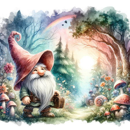 Watercolor illustration of a gnome with a magic wand in the forestの素材