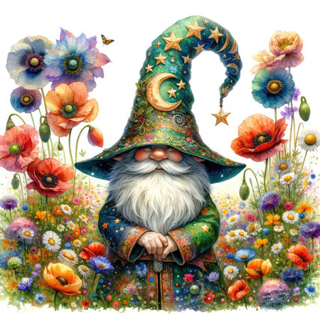 cartoon scene with wizard or troll in the field of flowers - illustration for childrenの素材