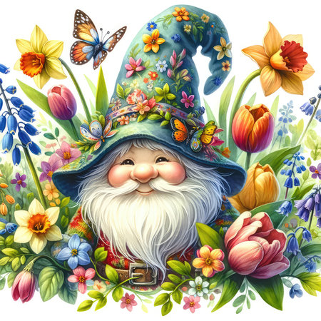 Garden gnome with flowers and butterflies. Watercolor illustration.の素材