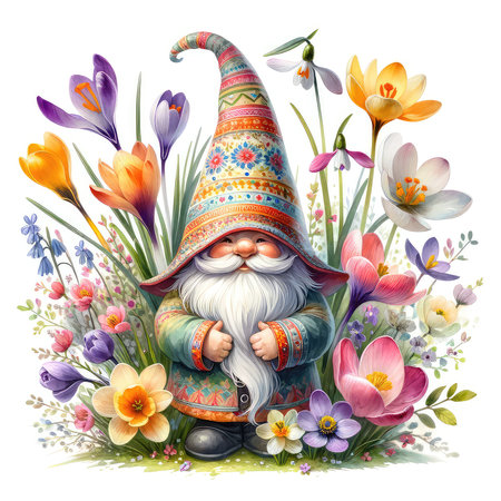 Garden gnome with crocuses and crocus flowers.の素材