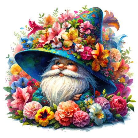 Garden gnome in a hat with flowers on a white backgroundの素材