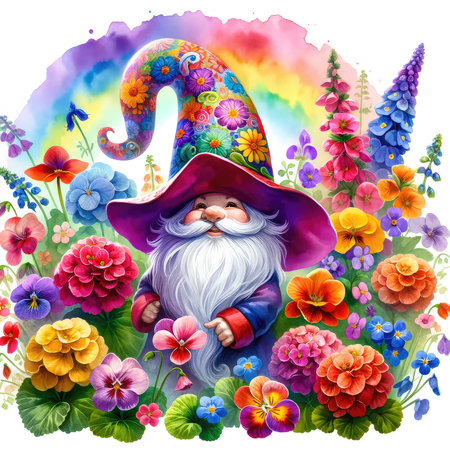 Funny wizard with fantasy flowers. Illustration on white background.の素材