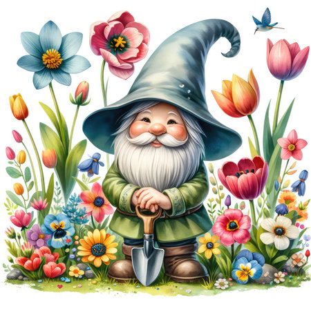 Garden gnome with flowers and garden tools - illustration for childrenの素材