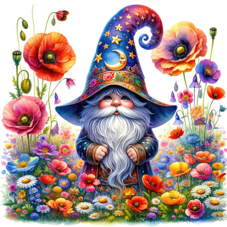 Cartoon wizard in a hat with a magic wand among the flowers.の素材