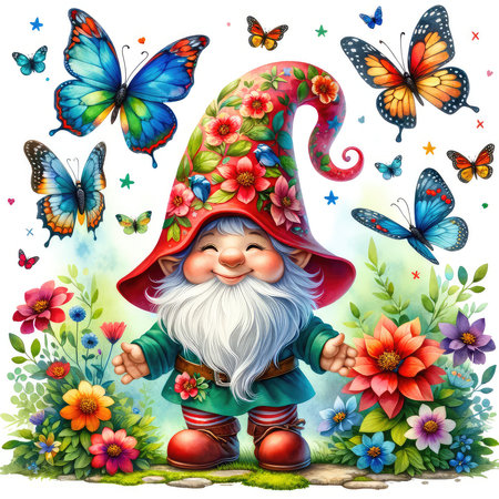 Garden gnome with colorful flowers and butterflies. Vector illustration.の素材