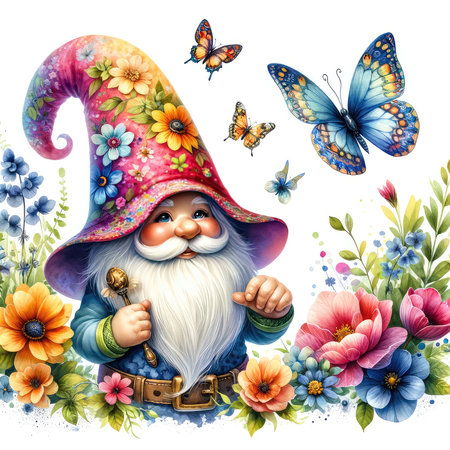 Garden gnome with flowers and butterflies. Watercolor illustration.の素材