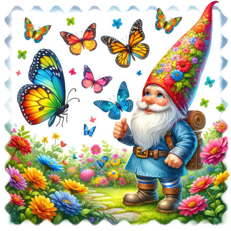 Garden gnome with flowers and butterflies - illustration for children.の素材