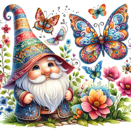 Cute gnome with flowers and butterflies. Watercolor illustration.の素材