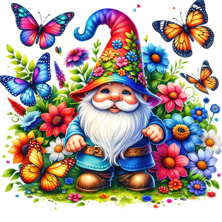 Garden gnome with flowers and butterflies. Cartoon vector illustration.の素材