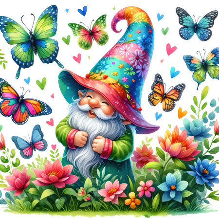 Fairy tale gnome with flowers and butterflies on white background illustrationの素材