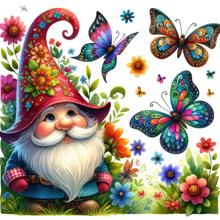 Garden gnome with flowers and butterflies on white background illustration.の素材